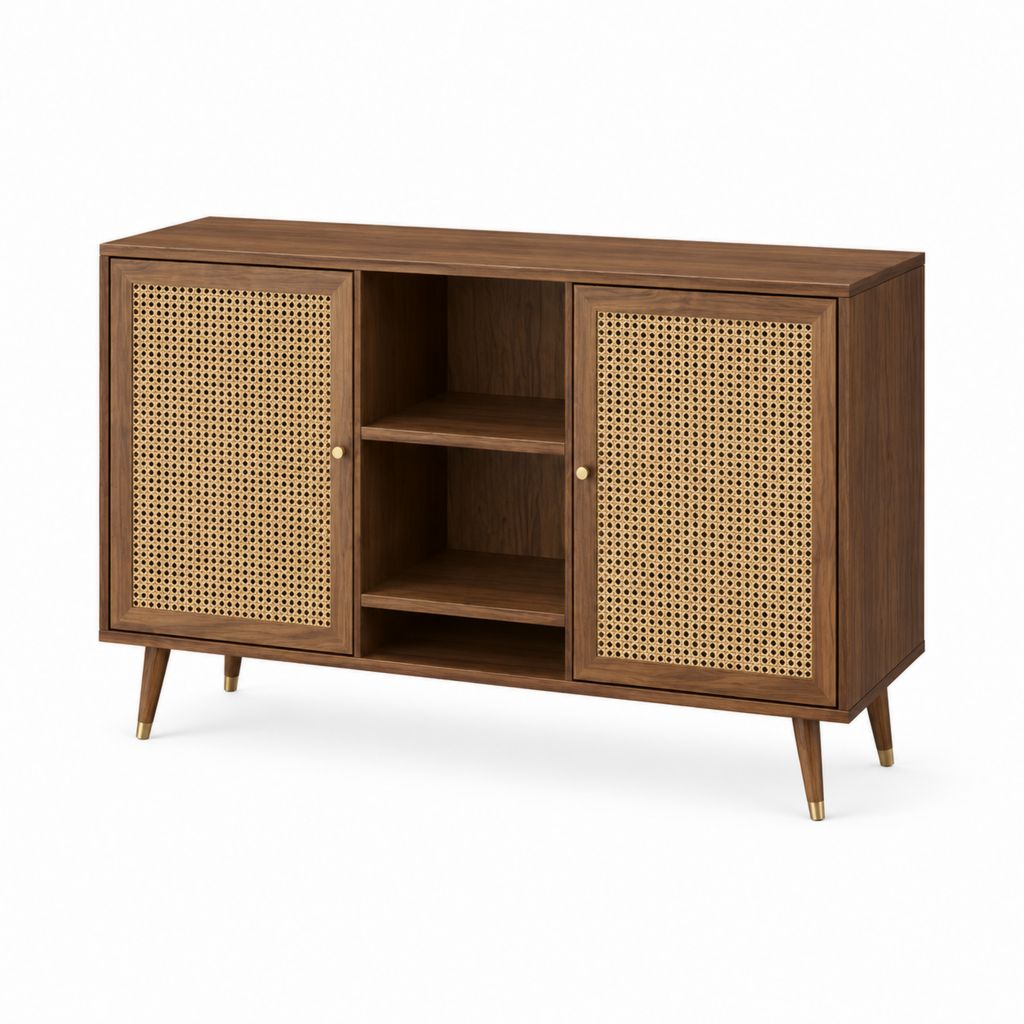 Sideboard Walnussfarben mit Rattangeflecht 2 Türen 2 offene Fächer 140 x 40 x 80 cm