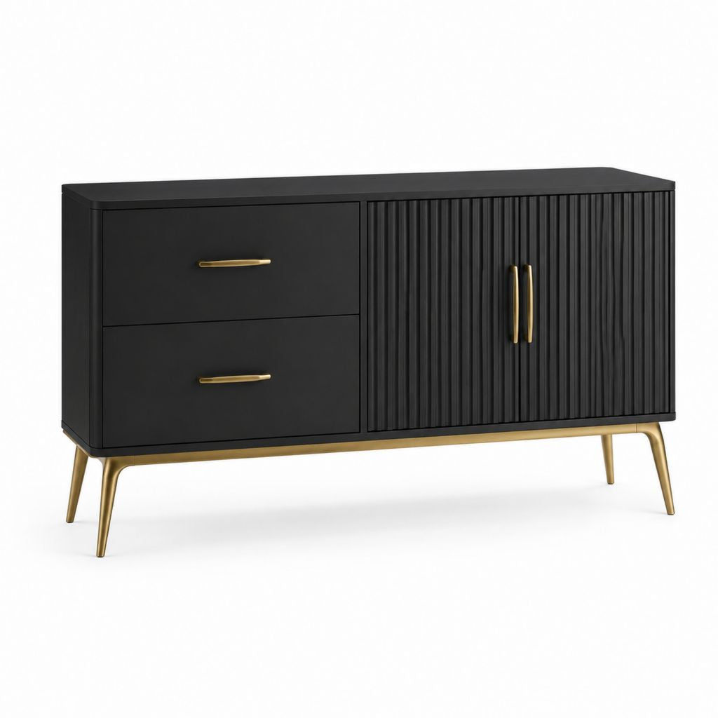 Sideboard rechteckig Schwarz aus MDF mit 2 Schubladen 2 Türen und Stahlbeinen 140 x 40 x 80 cm