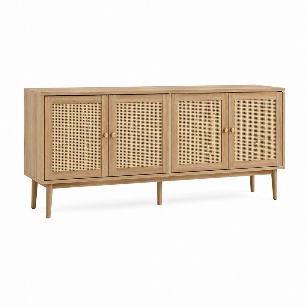 Sideboard Eichenoptik mit Rattangeflecht 4 Türen 160 x 40 x 80 cm