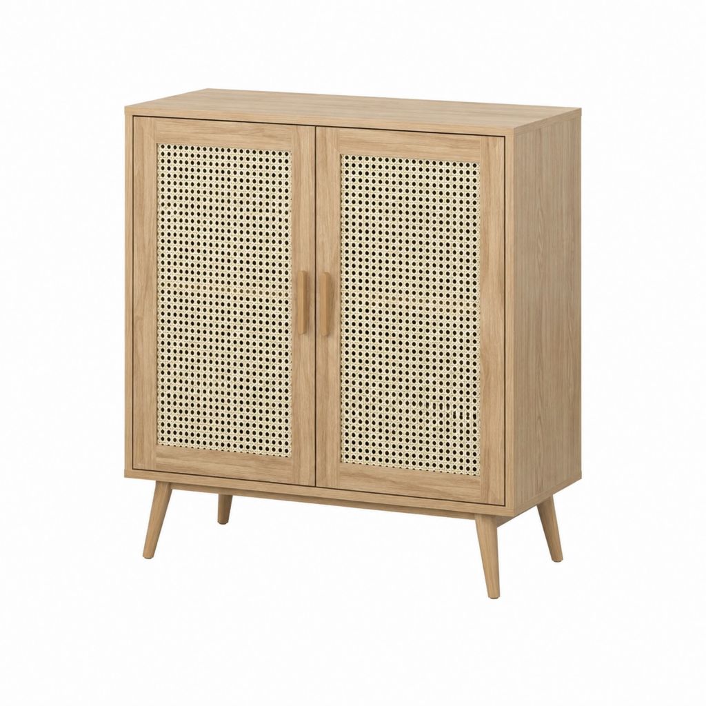 Sideboard mit 2 Türen Eichenfurnier Rattan rechteckig 90 x 40 x 100 cm