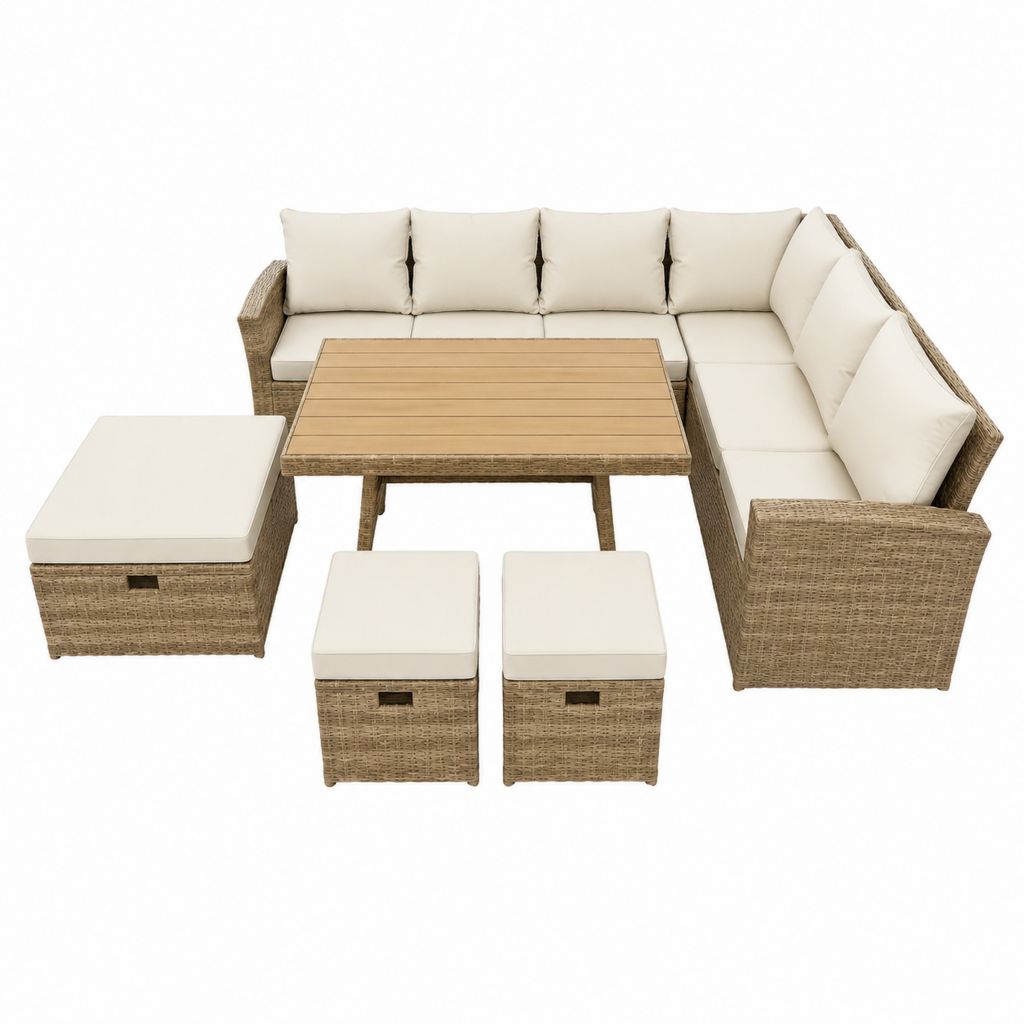7-teiliges Gartenlounge Set Beige PE-Rattan L-Form mit Tisch 110 x 60 x 45 cm