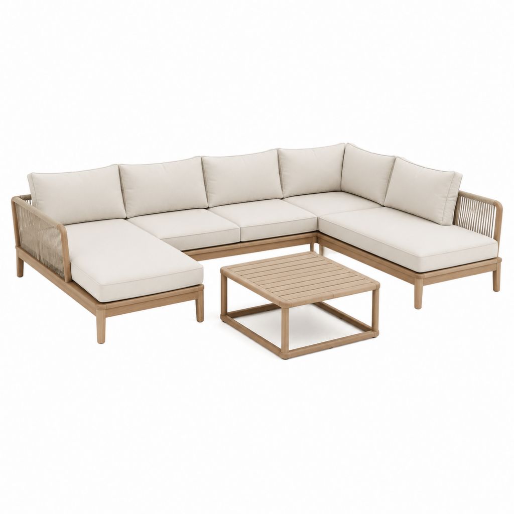 4-teiliges Gartenlounge Set Ecksofa Beige aus Akazien-Massivholz mit Couchtisch 270 x 205 x 76 cm