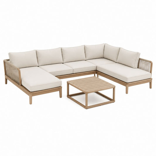 4-teiliges Gartenlounge Set Ecksofa Beige aus Akazien-Massivholz mit Couchtisch 270 x 205 x 76 cm