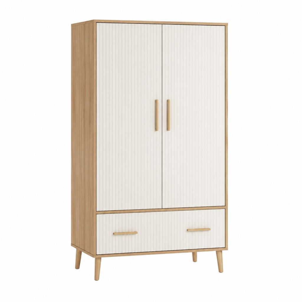 Highboard mit 2 Türen und 2 Schubladen Weiß Eiche Dekor 80 x 40 x 180 cm