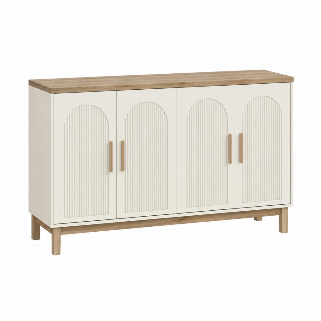 Sideboard mit 4 Türen in Weiß und Naturholzoptik aus MDF und Spanplatte 160 x 40 x 85 cm