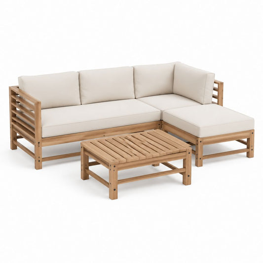 Gartenlounge Ecksofa Set Natur Akazienholz Beige Polyester L-Form 200 x 140 x 70 cm