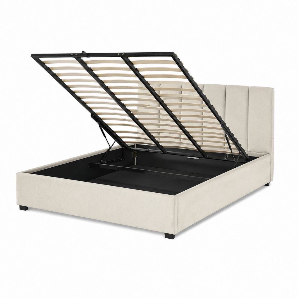 Stauraumbett Beige mit Polyesterbezug und Lattenrost 160 x 200 cm