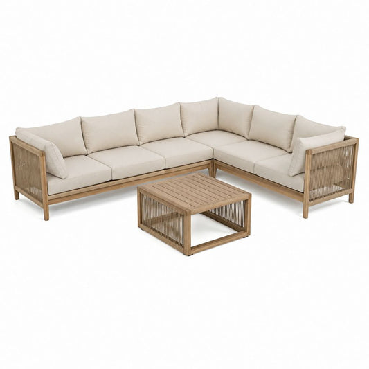 Gartenlounge Ecksofa Set mit Couchtisch Beige Akazienholz Polyester 5-teilig 250 x 250 cm